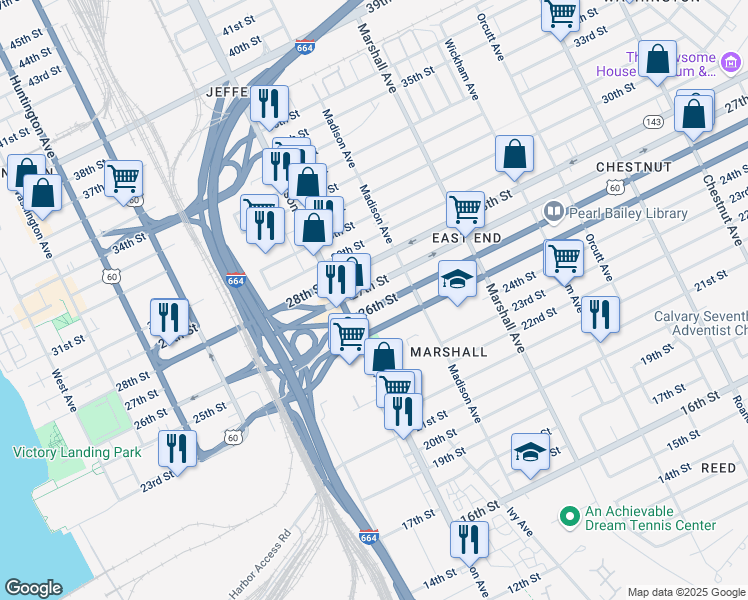 map of restaurants, bars, coffee shops, grocery stores, and more near 629 26th Street in Newport News