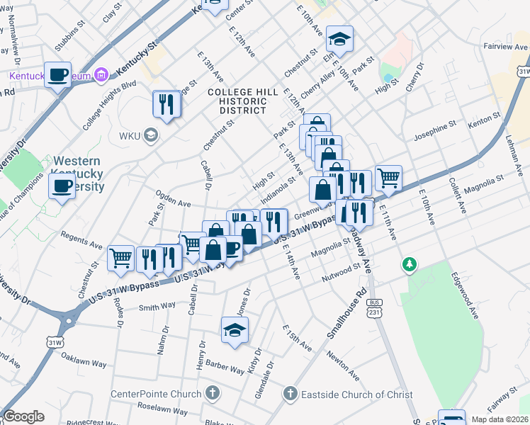 map of restaurants, bars, coffee shops, grocery stores, and more near 1441 Kenton Street in Bowling Green