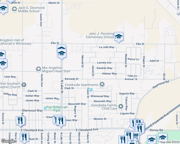 map of restaurants, bars, coffee shops, grocery stores, and more near 1217 Adanac Way in Madera
