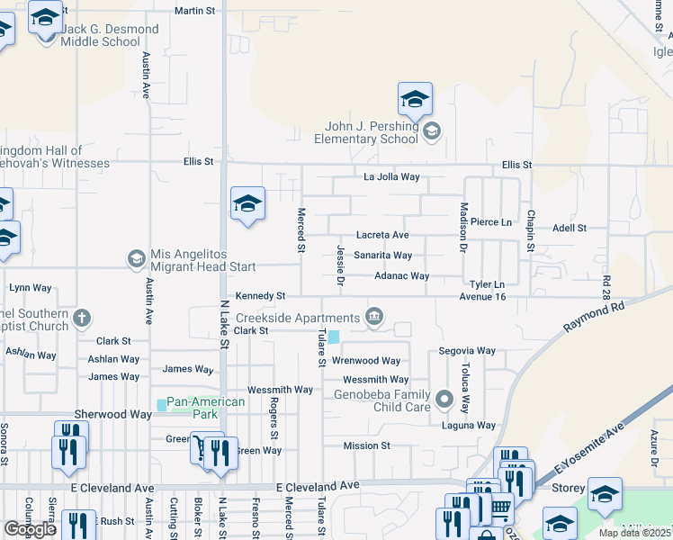 map of restaurants, bars, coffee shops, grocery stores, and more near 1217 Adanac Way in Madera