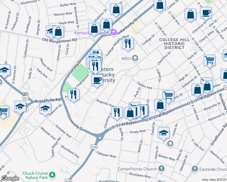 map of restaurants, bars, coffee shops, grocery stores, and more near 1648 State Street in Bowling Green