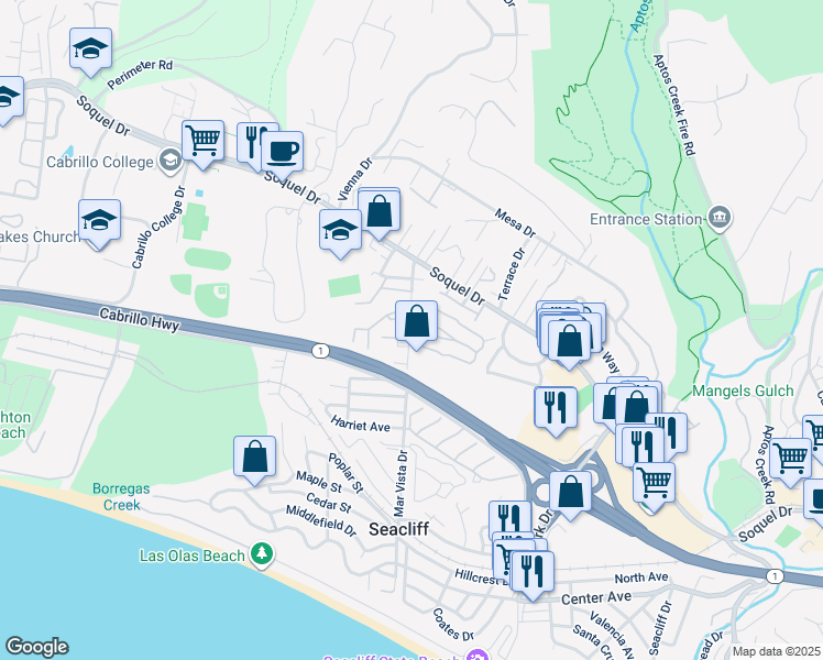 map of restaurants, bars, coffee shops, grocery stores, and more near 2643 Mar Vista Drive in Aptos