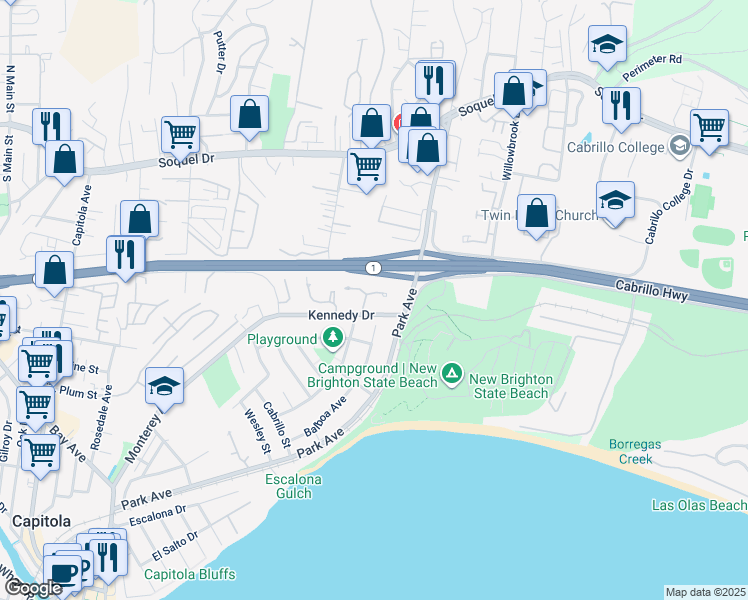 map of restaurants, bars, coffee shops, grocery stores, and more near 1109 Sutherland Lane in Capitola