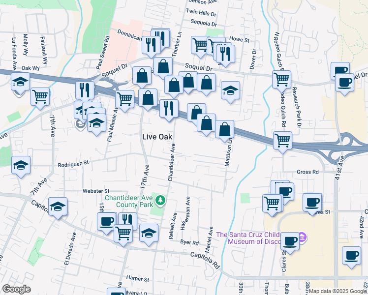 map of restaurants, bars, coffee shops, grocery stores, and more near 2264 Chanticleer Avenue in Santa Cruz