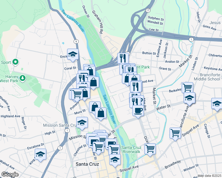 map of restaurants, bars, coffee shops, grocery stores, and more near 157 Franklin Street in Santa Cruz