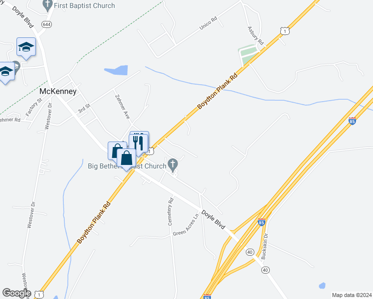 map of restaurants, bars, coffee shops, grocery stores, and more near 10921 Bethel Drive in McKenney