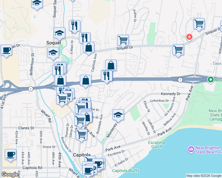 map of restaurants, bars, coffee shops, grocery stores, and more near 930 Rosedale Avenue in Capitola