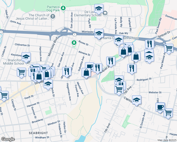 map of restaurants, bars, coffee shops, grocery stores, and more near 2025 Soquel Avenue in Santa Cruz
