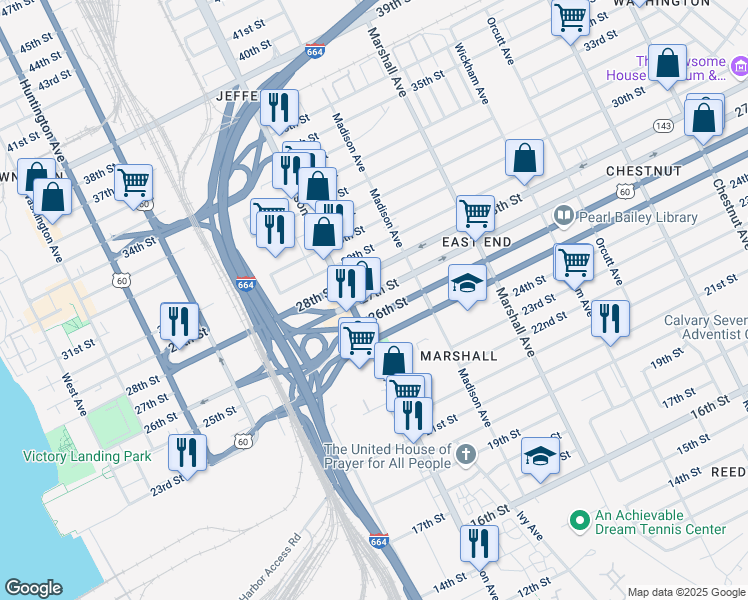 map of restaurants, bars, coffee shops, grocery stores, and more near 620 27th Street in Newport News