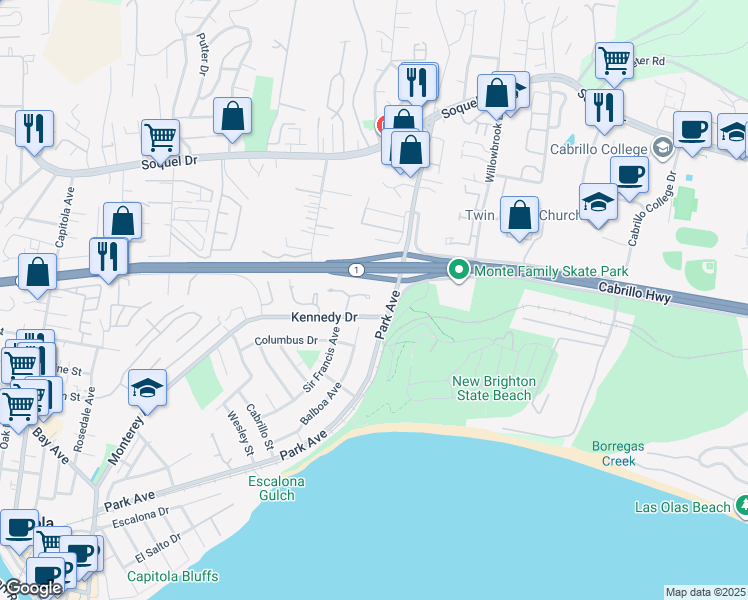 map of restaurants, bars, coffee shops, grocery stores, and more near 1128 Sills Court in Capitola