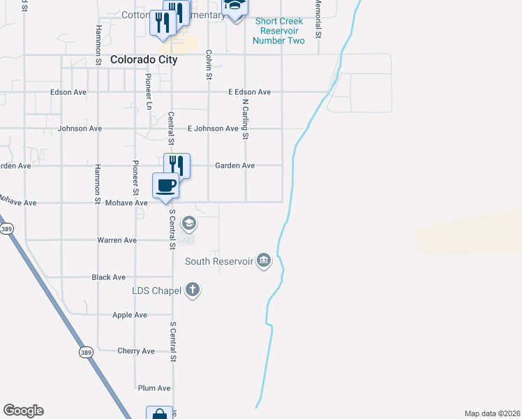 map of restaurants, bars, coffee shops, grocery stores, and more near 125 Mohave Avenue in Colorado City
