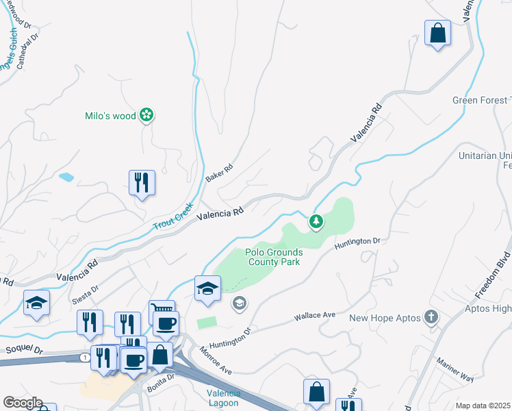 map of restaurants, bars, coffee shops, grocery stores, and more near 130 Indian Hollow Road in Aptos