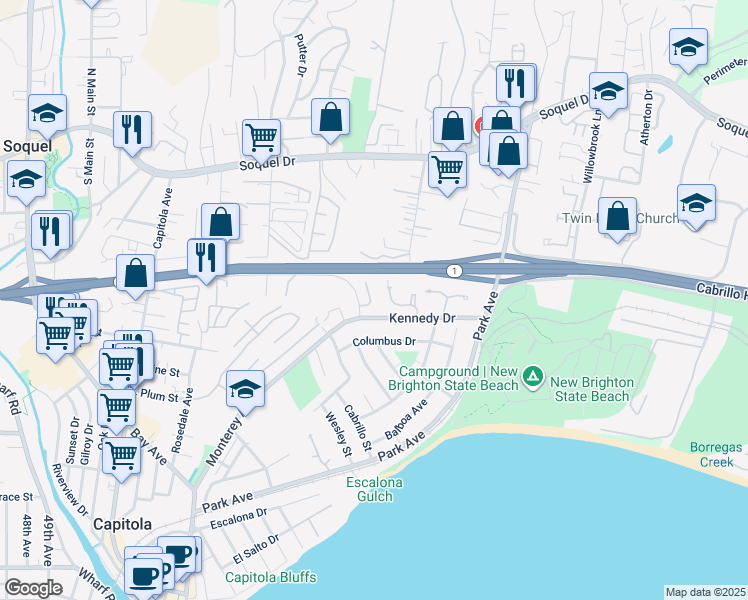 map of restaurants, bars, coffee shops, grocery stores, and more near 912 Kennedy Drive in Capitola