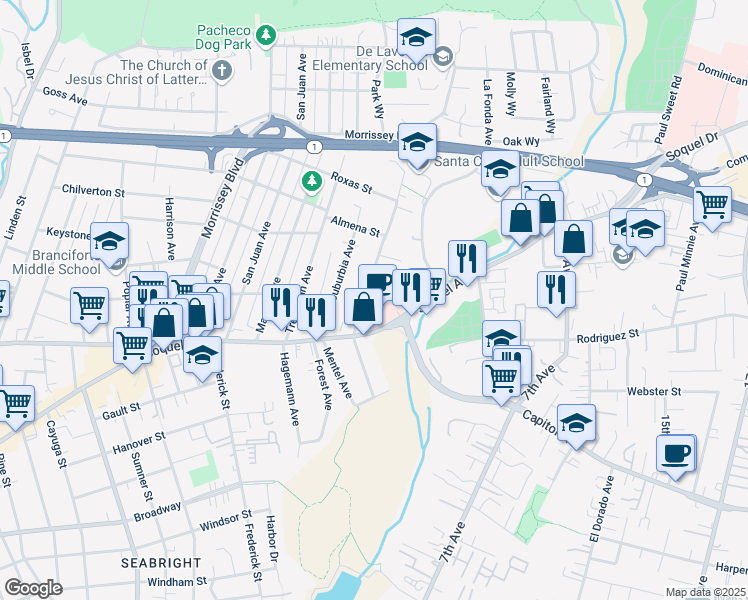 map of restaurants, bars, coffee shops, grocery stores, and more near 2025 Soquel Avenue in Santa Cruz