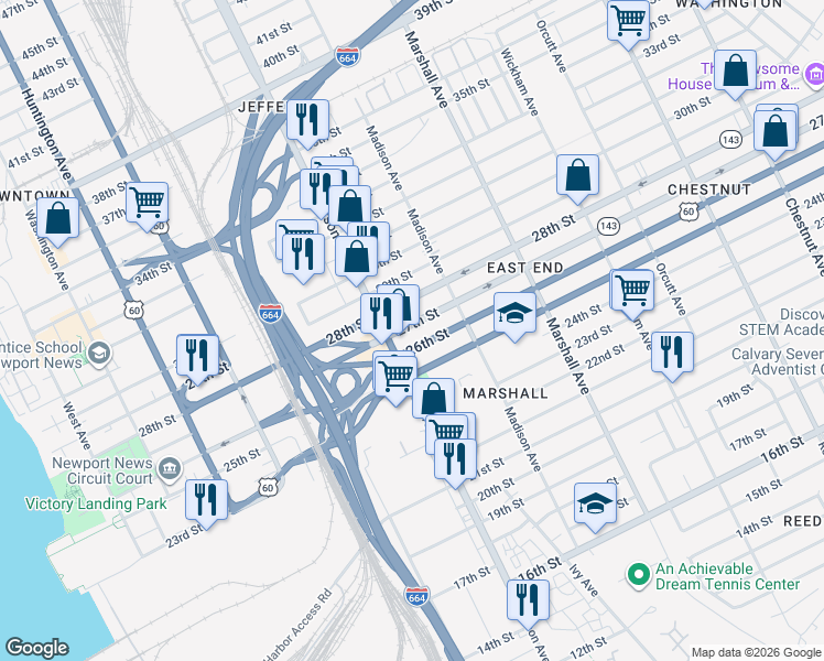 map of restaurants, bars, coffee shops, grocery stores, and more near 629 26th Street in Newport News