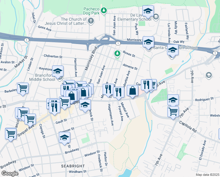 map of restaurants, bars, coffee shops, grocery stores, and more near 916 Melrose Avenue in Santa Cruz