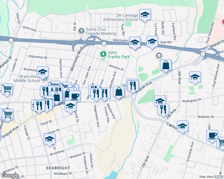 map of restaurants, bars, coffee shops, grocery stores, and more near 140 Suburbia Avenue in Santa Cruz