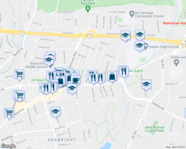 map of restaurants, bars, coffee shops, grocery stores, and more near 916 Melrose Avenue in Santa Cruz