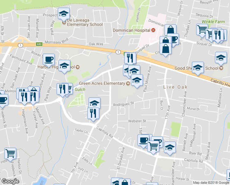 map of restaurants, bars, coffee shops, grocery stores, and more near 2308 7th Avenue in Santa Cruz