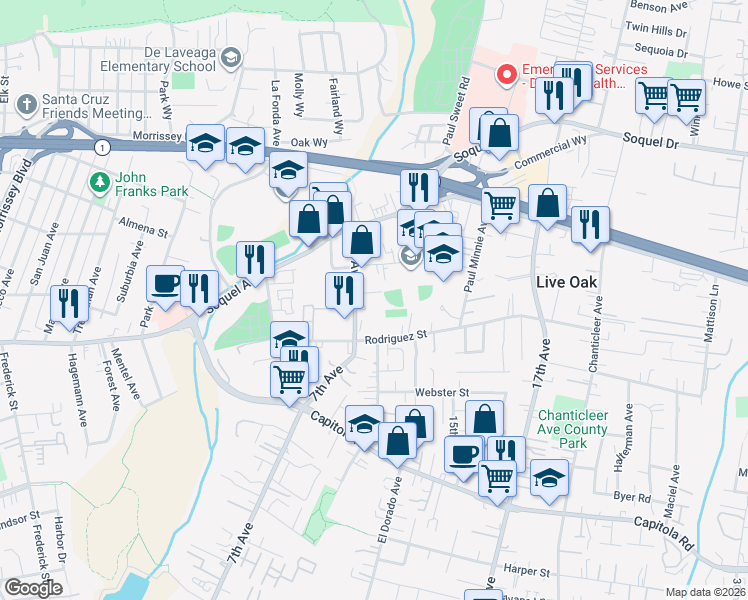 map of restaurants, bars, coffee shops, grocery stores, and more near in Santa Cruz
