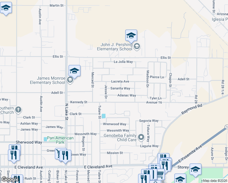 map of restaurants, bars, coffee shops, grocery stores, and more near 1312 Sanarita Way in Madera