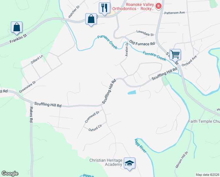 map of restaurants, bars, coffee shops, grocery stores, and more near 343 Scuffling Hill Road in Rocky Mount