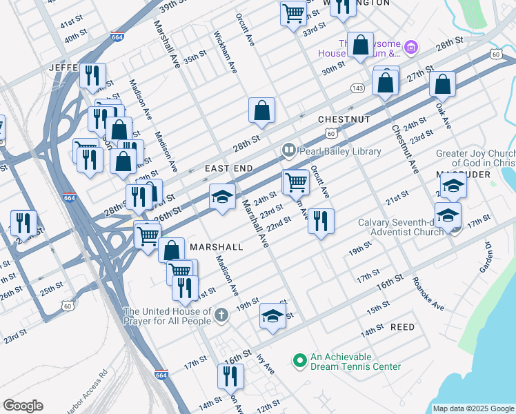 map of restaurants, bars, coffee shops, grocery stores, and more near 814 24th Street in Newport News
