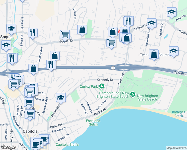 map of restaurants, bars, coffee shops, grocery stores, and more near 918 Ponselle Lane in Capitola