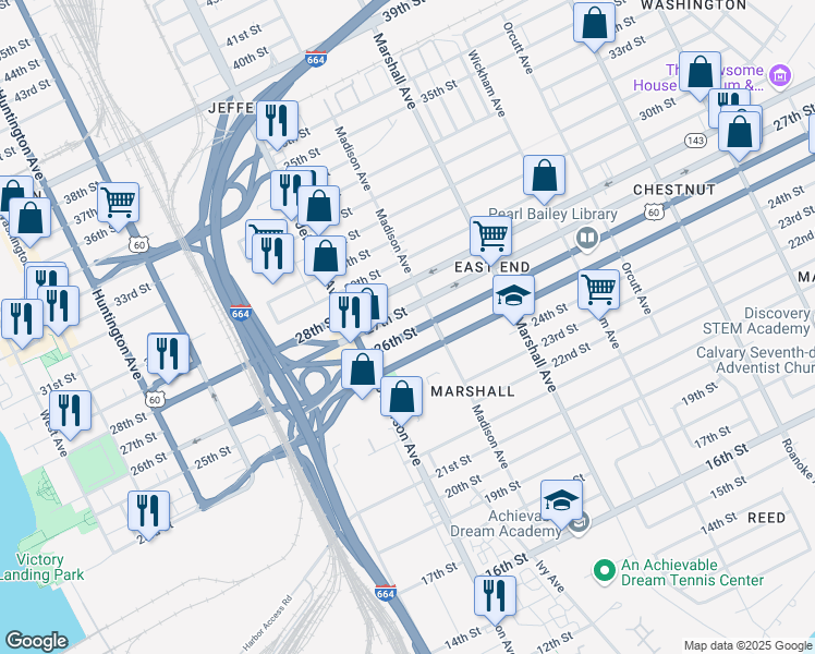 map of restaurants, bars, coffee shops, grocery stores, and more near 645 26th Street in Newport News