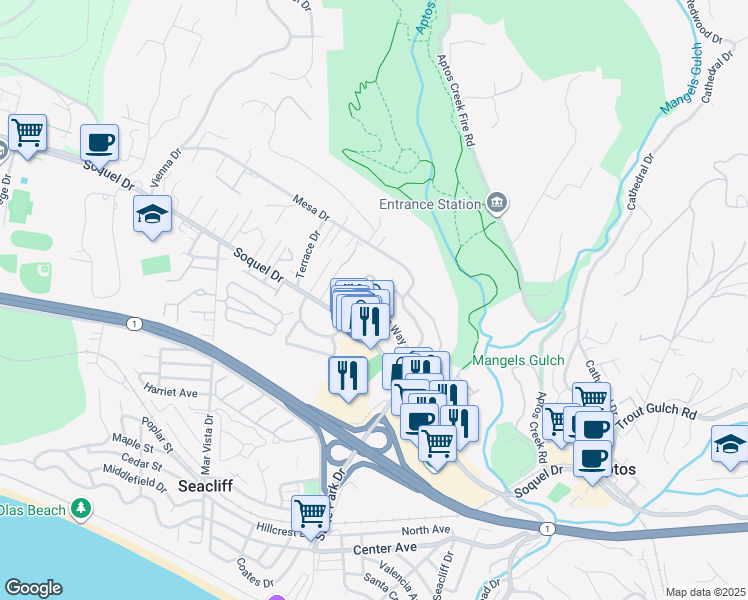 map of restaurants, bars, coffee shops, grocery stores, and more near 7547 Arden Way in Aptos