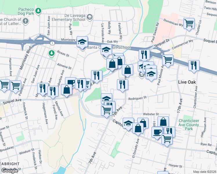 map of restaurants, bars, coffee shops, grocery stores, and more near 195 Capitola Road Extension in Santa Cruz