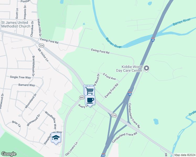 map of restaurants, bars, coffee shops, grocery stores, and more near Ewing Bend Drive in Bowling Green