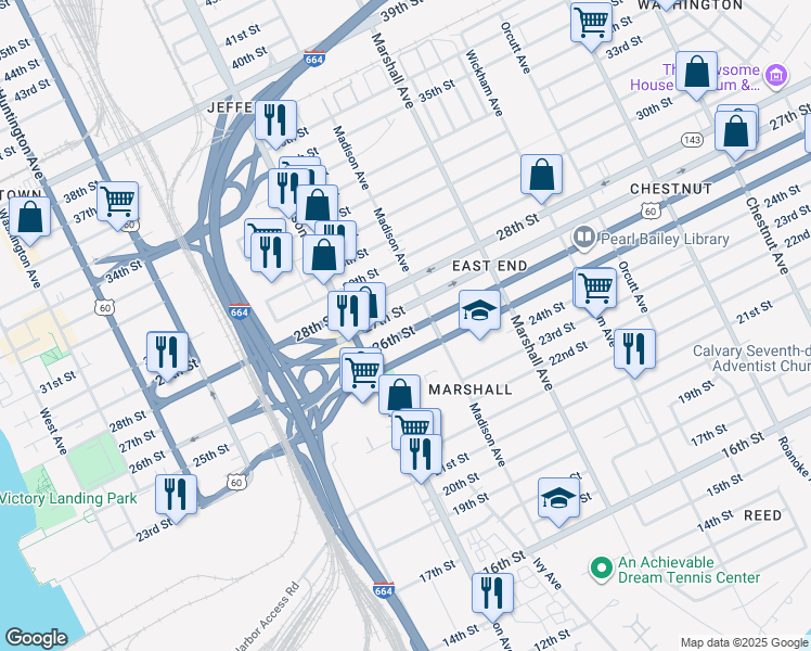 map of restaurants, bars, coffee shops, grocery stores, and more near 645 26th Street in Newport News