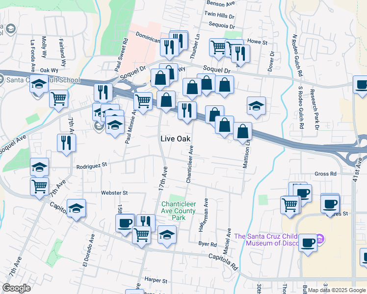 map of restaurants, bars, coffee shops, grocery stores, and more near 1815 Bali Way in Santa Cruz