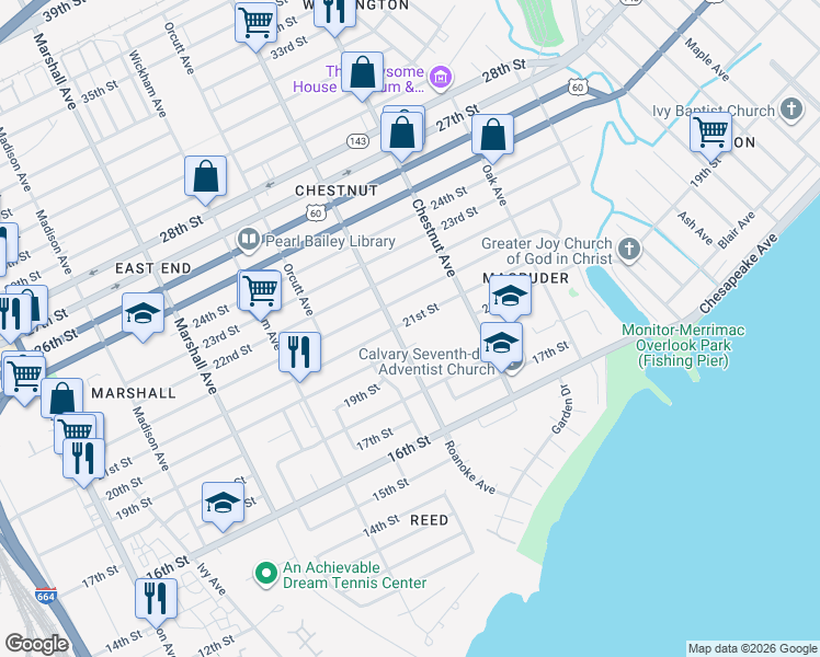 map of restaurants, bars, coffee shops, grocery stores, and more near 1021 20th Street in Newport News