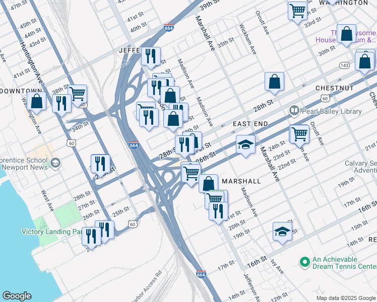 map of restaurants, bars, coffee shops, grocery stores, and more near 2607 Jefferson Avenue in Newport News