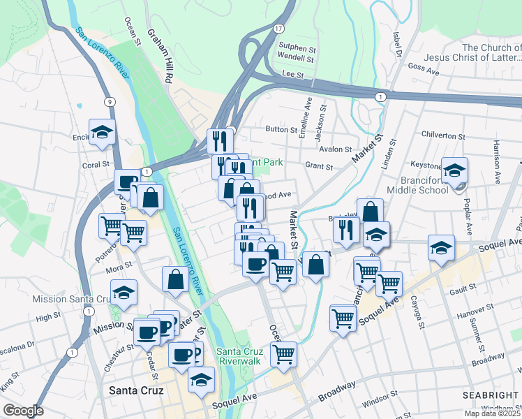 map of restaurants, bars, coffee shops, grocery stores, and more near 609 May Avenue in Santa Cruz