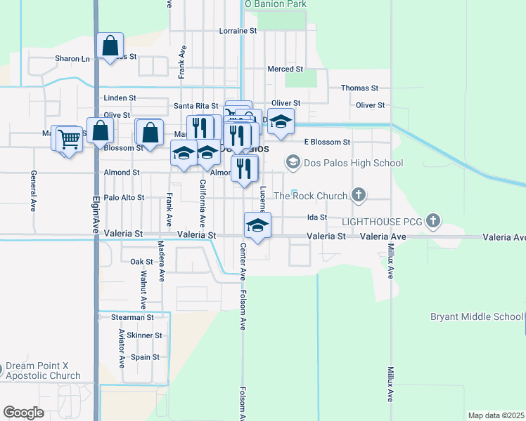 map of restaurants, bars, coffee shops, grocery stores, and more near 1801 Lucerne Avenue in Dos Palos