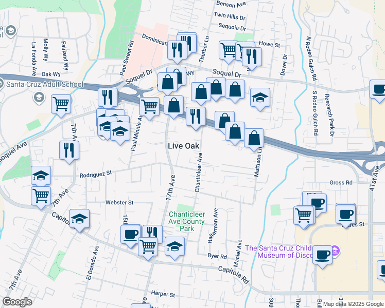 map of restaurants, bars, coffee shops, grocery stores, and more near 1815 Bali Way in Santa Cruz