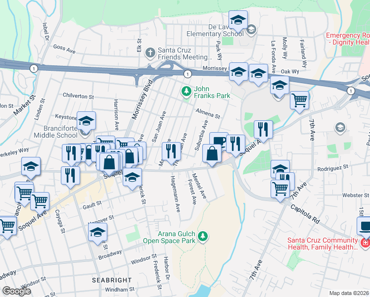 map of restaurants, bars, coffee shops, grocery stores, and more near 124 Trevethan Avenue in Santa Cruz