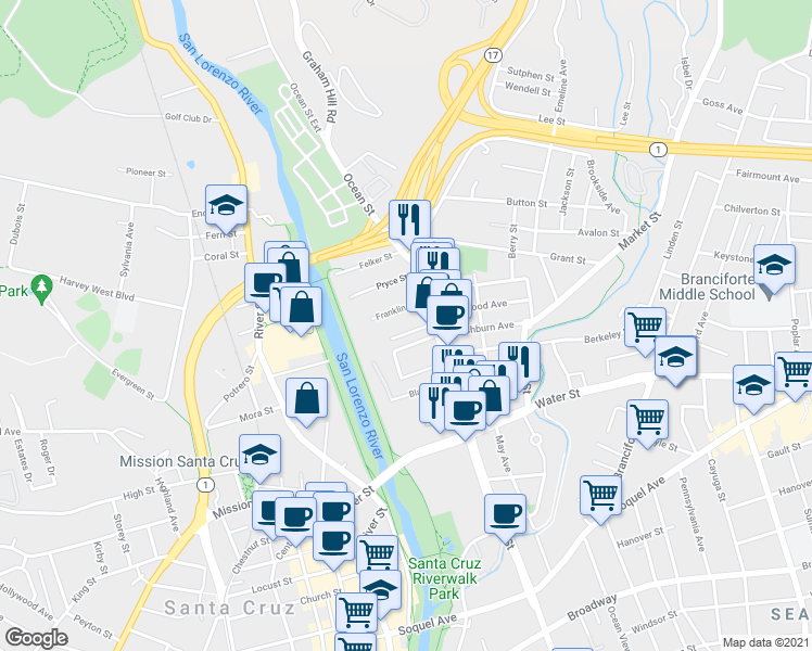 map of restaurants, bars, coffee shops, grocery stores, and more near 124 Kennan Street in Santa Cruz