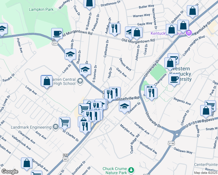map of restaurants, bars, coffee shops, grocery stores, and more near 12 Holly Drive in Bowling Green
