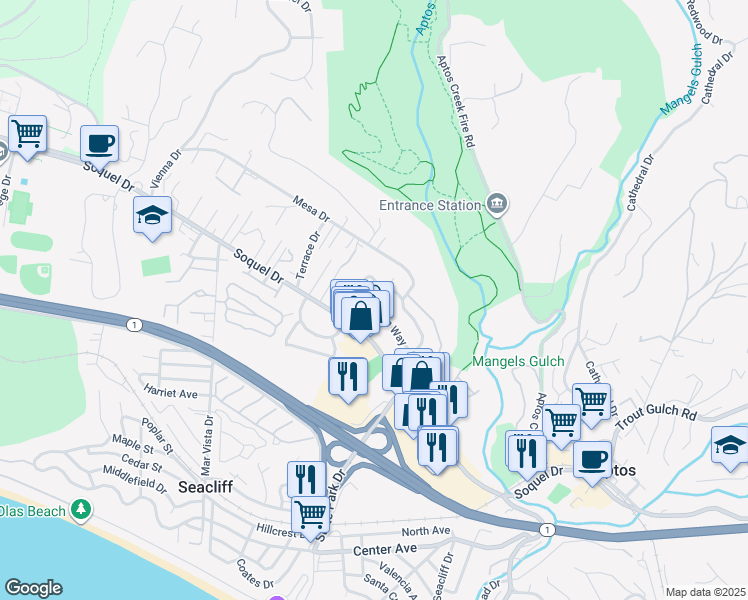 map of restaurants, bars, coffee shops, grocery stores, and more near 7547 Arden Way in Aptos