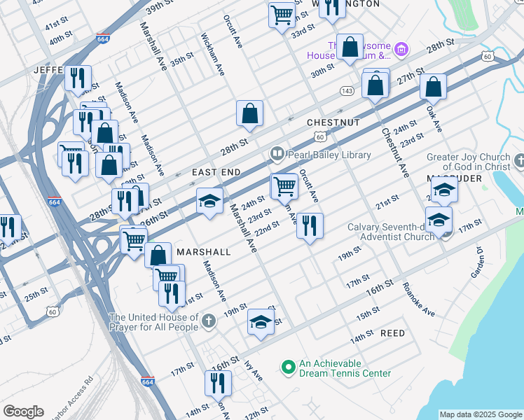 map of restaurants, bars, coffee shops, grocery stores, and more near 833 23rd Street in Newport News