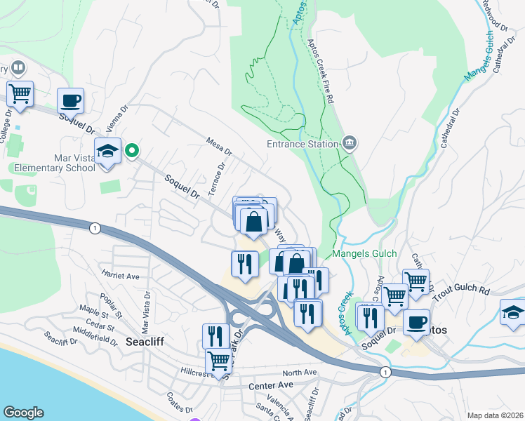 map of restaurants, bars, coffee shops, grocery stores, and more near 7547 Arden Way in Aptos