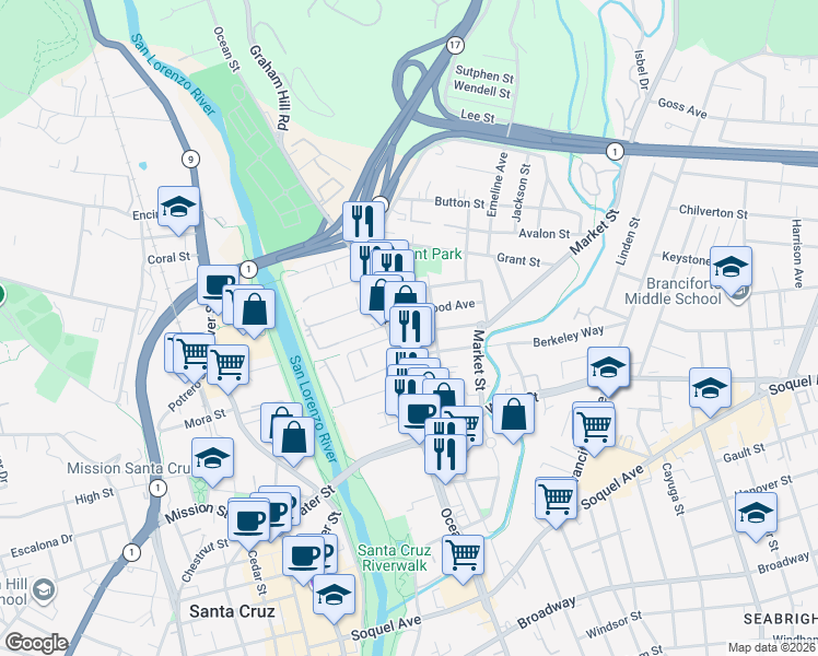 map of restaurants, bars, coffee shops, grocery stores, and more near 113 Washburn Avenue in Santa Cruz