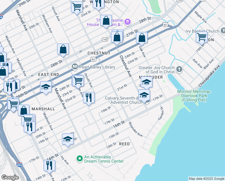 map of restaurants, bars, coffee shops, grocery stores, and more near 2103 Roanoke Avenue in Newport News