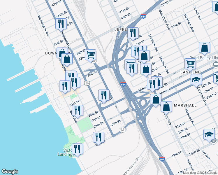map of restaurants, bars, coffee shops, grocery stores, and more near 3100 Warwick Boulevard in Newport News