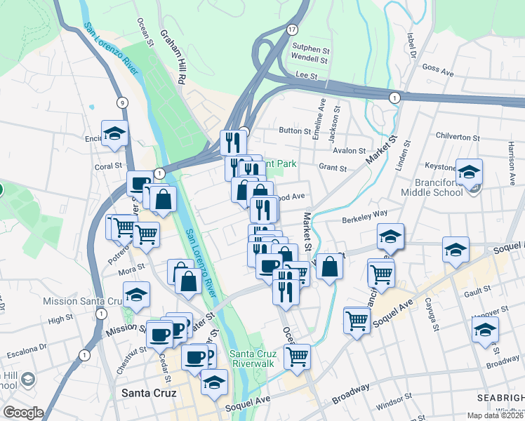 map of restaurants, bars, coffee shops, grocery stores, and more near 113 Washburn Avenue in Santa Cruz