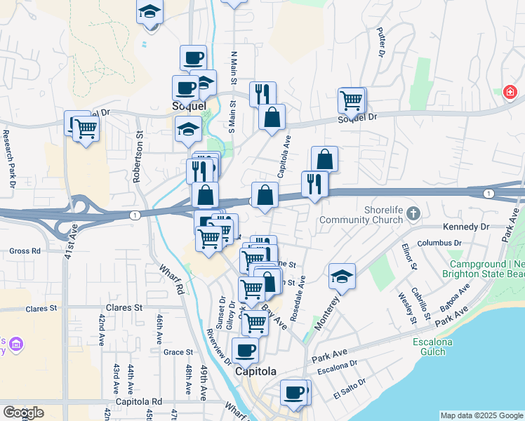 map of restaurants, bars, coffee shops, grocery stores, and more near 919 Capitola Avenue in Capitola